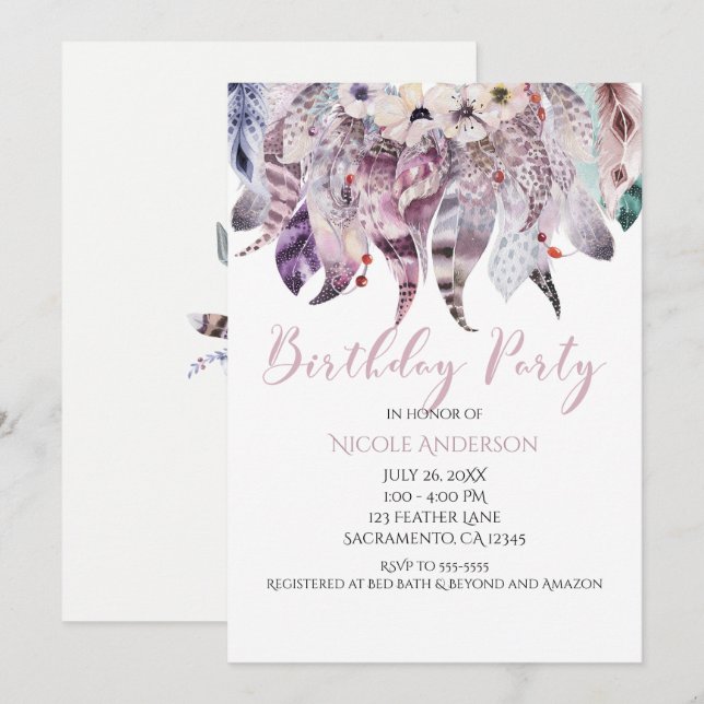 Invitation Boho Bohemian Feathers Anniversaire Fête Invitatio (Devant / Derrière)