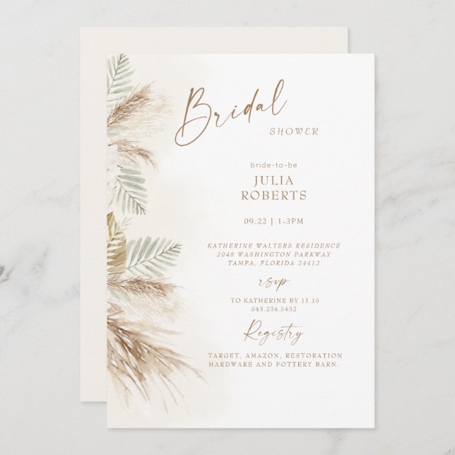 Invitation Boho Bohemian Pampas Grass Fête des mariées beige (Devant / Derrière)