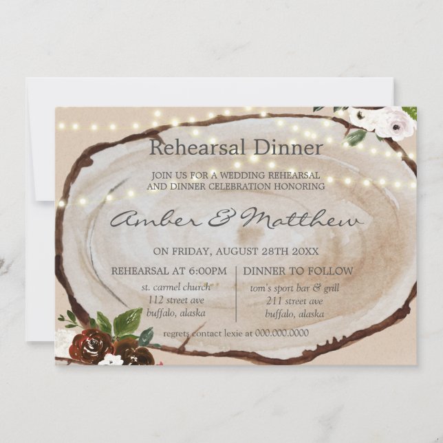 Invitation Boho Bois Slice Marsala Dîner De Répétition Floral (Devant)