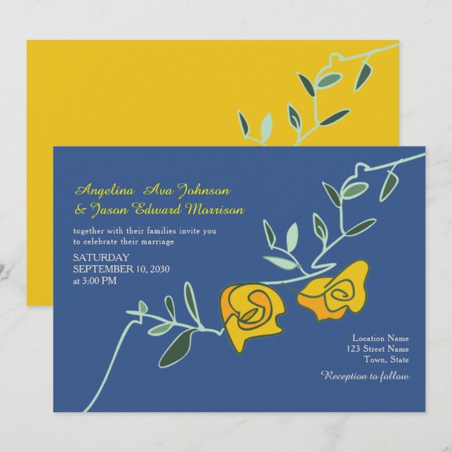 Invitation Boho Bold Floral Jaune Mariage bleu (Devant / Derrière)
