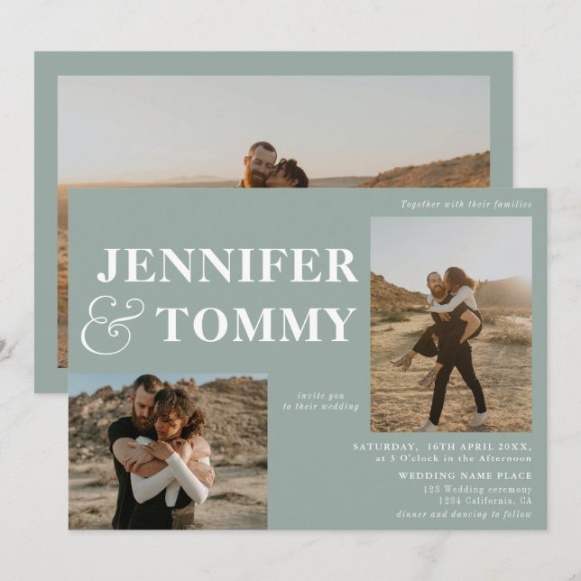 Invitation Boho bold names rétro 3 photos mariage sauge vert (Devant / Derrière)