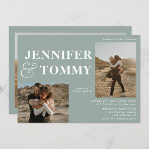 Invitation Boho bold names rétro 3 photos mariage sauge vert