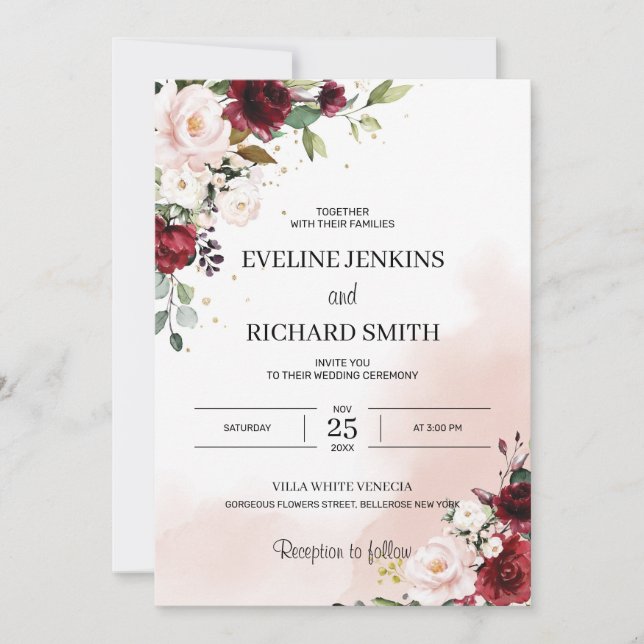 Invitation Boho bordeaux rose pâle bohème (Devant)