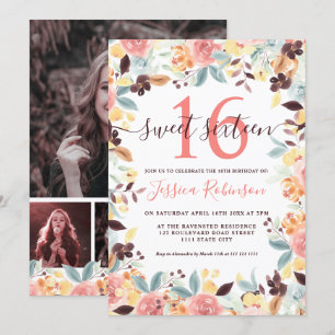 Invitation Boho bordeaux rustique photo florale Sweet 16