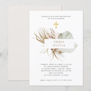 Invitation Boho Botanical   Baptême avec Croix d'or