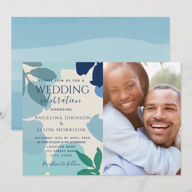 Invitation Boho Botanical Navy Dusty Blue Photo Mariage (Devant / Derrière)