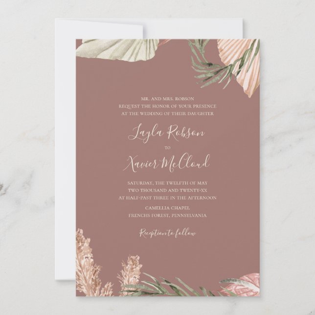Invitation Boho Botanical | Rose simple Mariage traditionnel (Devant)