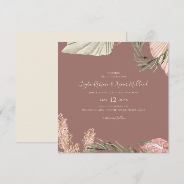 Invitation Boho Botanical | Simple Dusty Rose Mariage Carré (Devant / Derrière)