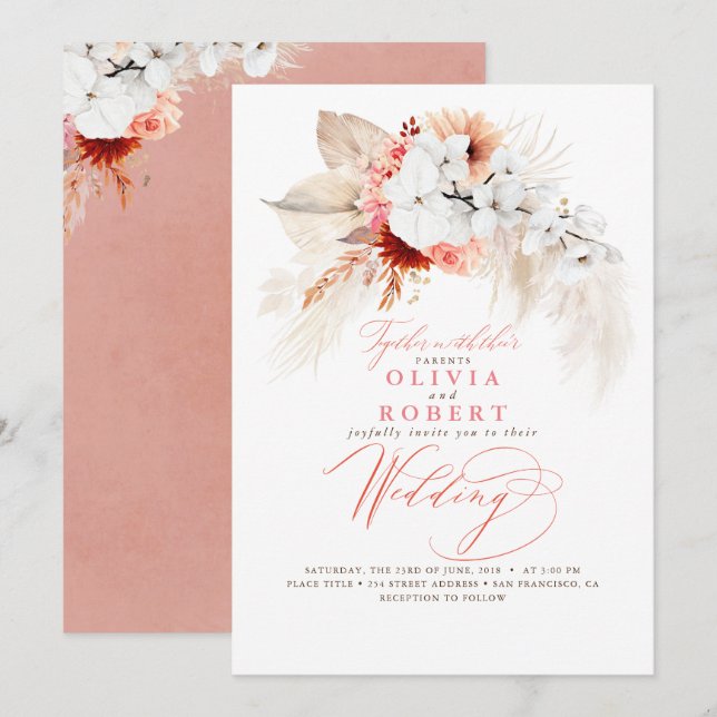 Invitation Boho Botanique Floral moderne Pêche rose Mariage (Devant / Derrière)