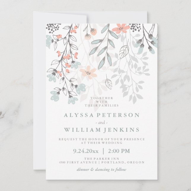 Invitation Boho Botanique Rustique Mariage en Coral et Grey (Devant)