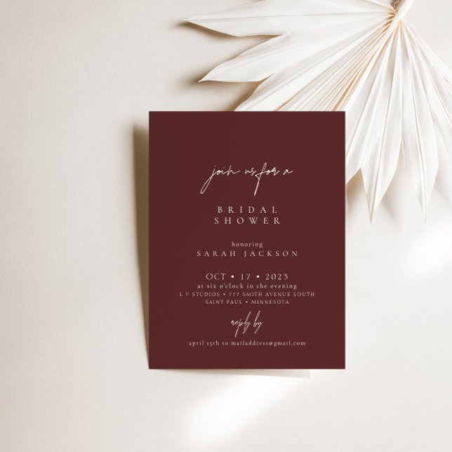 Invitation Boho Bourgogne Élégante Fête des mariées Minimalis (Boho Burgundy Elegant Minimalist Bridal Shower Invitation)