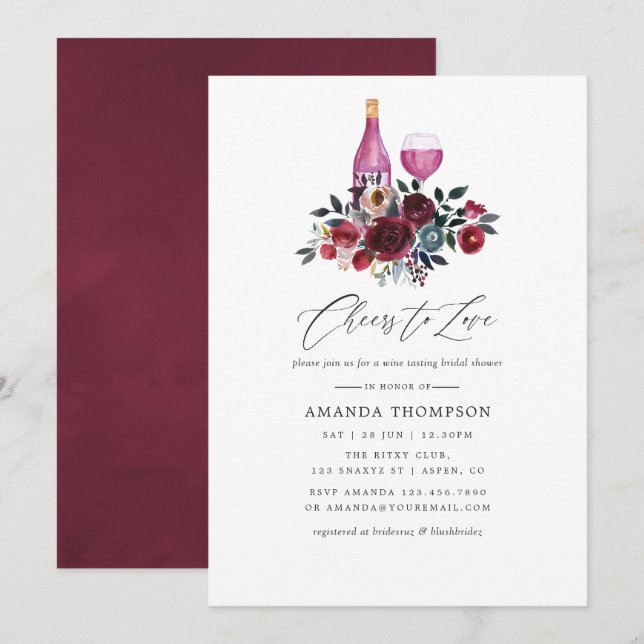 Invitation Boho Bourgogne et Fête des mariées de dégustation  (Devant / Derrière)