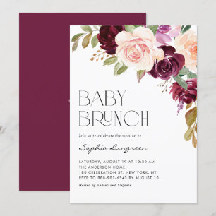 Invitation Boho Bourgogne et fleurs de pêche Chute Bébé Brunc