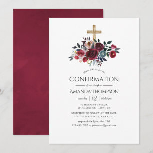 Invitation Boho Bourgogne et floral de confirmation marine