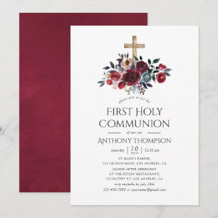 Invitation Boho Bourgogne et floral marine Première communion