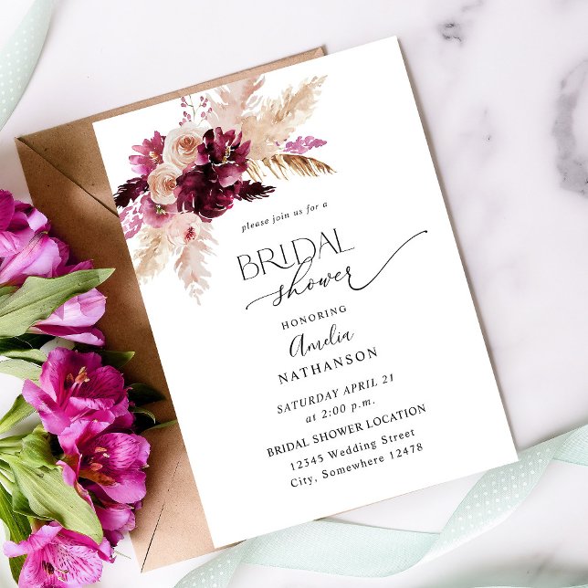 Invitation Boho Bourgogne & Fête des mariées florale rose (Créateur téléchargé)
