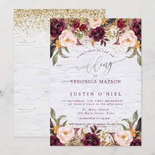 Invitation Boho Bourgogne+Rose Pâle Fleurs Aquarelle