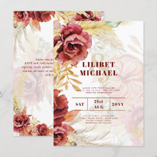 Invitation BOHO Bourgogne Rose Pampas Mariage