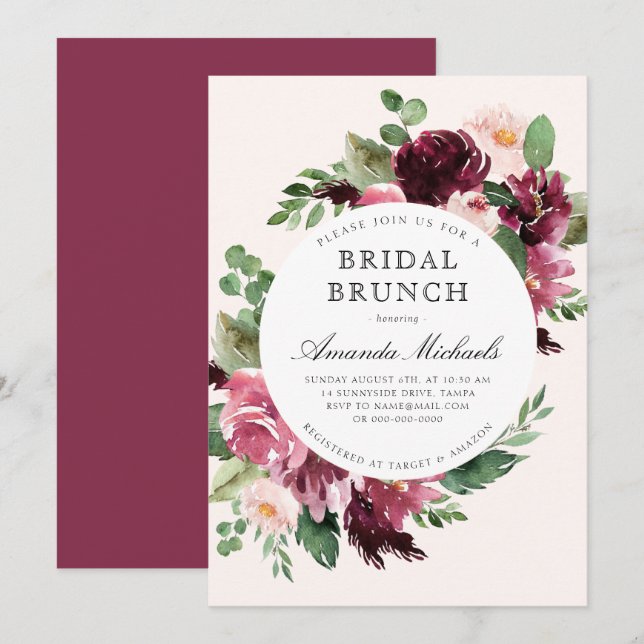 Invitation Boho Bourgogne Vert Floral Bridal Brunch Douche (Devant / Derrière)