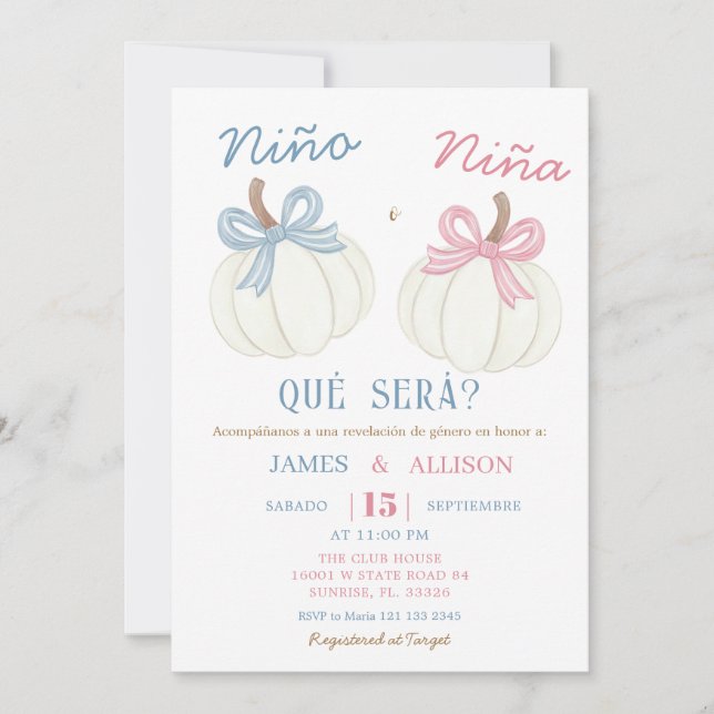 Invitation Boho Bow Citrouille espagnol Genre Revela (Devant)