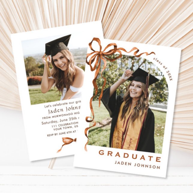 Invitation Boho Bow Ribbon 2 PHOTO Graduation Party (Créateur téléchargé)