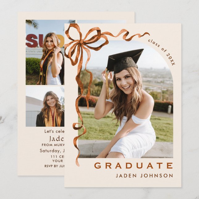 Invitation Boho Bow Ribbon branché 5 PHOTO Graduation Party (Devant / Derrière)