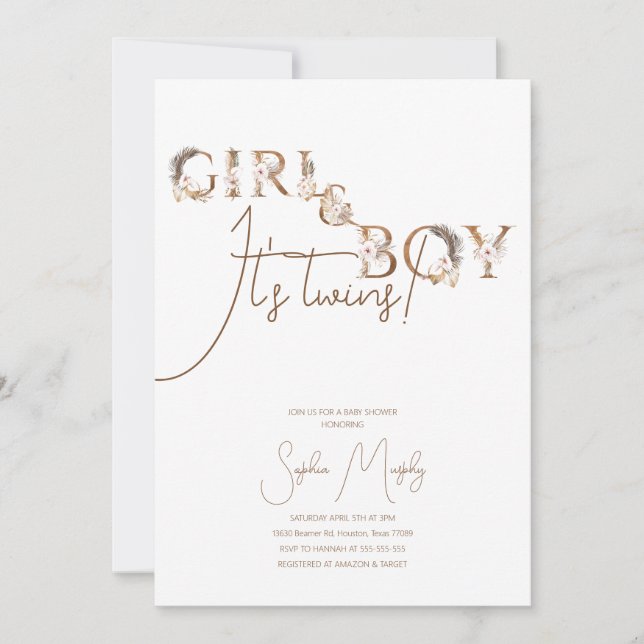 Invitation Boho Boy & Girl Twins Rustic Baby shower Invitatia (Devant)