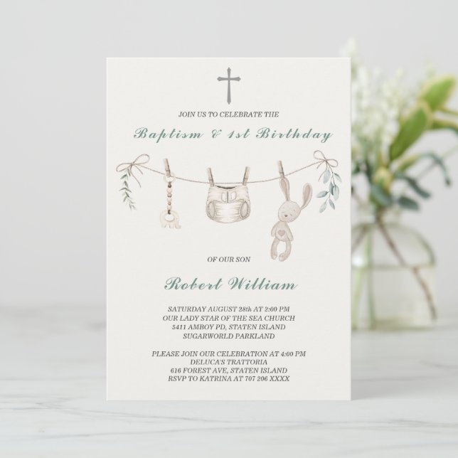 Invitation Boho Boy Premier anniversaire et baptême (Debout devant)