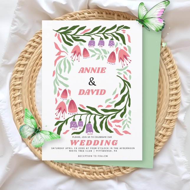 Invitation Boho branches rétro et fleurs Code QR mariage (Créateur téléchargé)