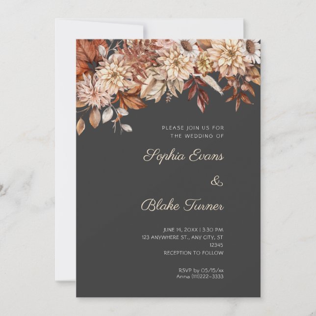 Invitation Boho Brown Floral Hiver Gris  Mariage (Devant)