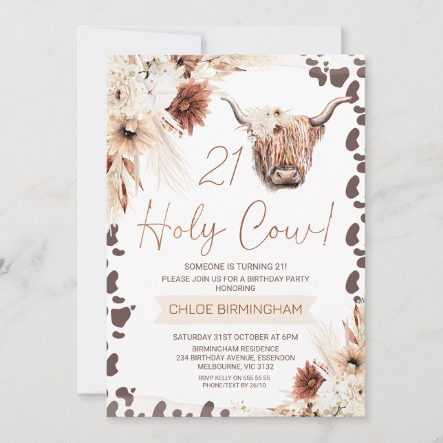 Invitation Boho Brown Floral Holy Cow Highland 21e anniversai (Devant)