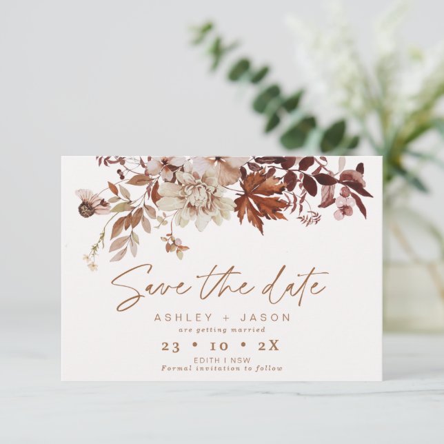 Invitation Boho Brown Floral Mariage de automne Enregistrer L (Debout devant)