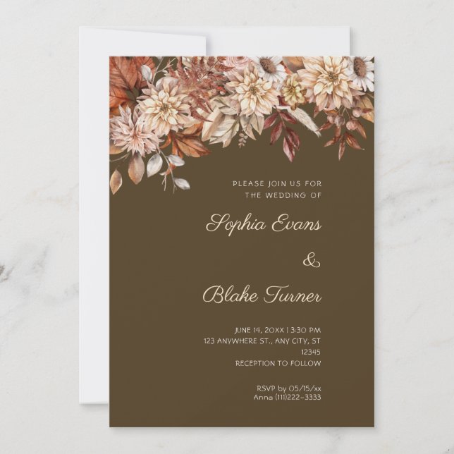 Invitation Boho Brown Floral Winter Café Brown Mariage (Devant)