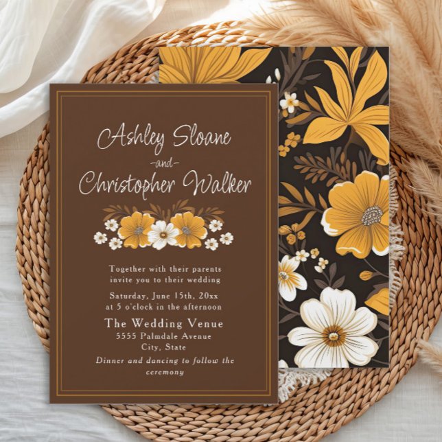 Invitation Boho Brown Gold Floral Autumn Wedding (Brown and yellow floral wedding invitation)