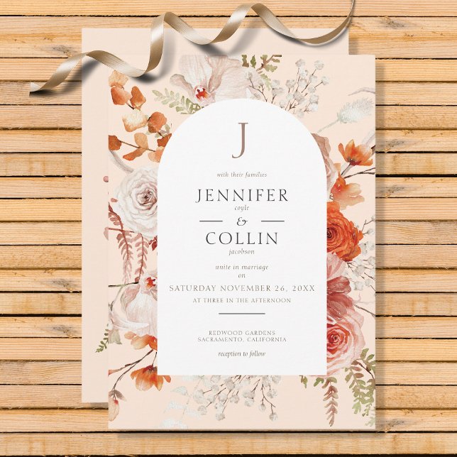Invitation Boho Brûlé Orange Chute Florale Arc Monogramme Pêc (Créateur téléchargé)