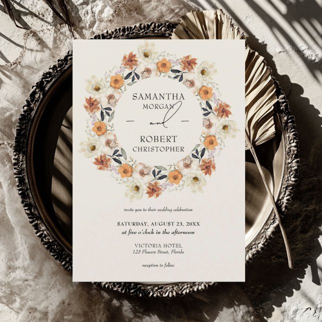 Invitation Boho brûlé orange cuivre fleurs sauvages couronne (Boho burnt orange copper wildflowers wreath invitation)