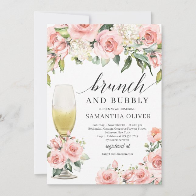 Invitation Boho brunch à champagne floral rose et mousseux (Devant)