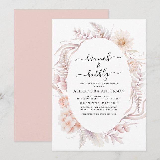 Invitation Boho Brunch & Bubbly Fête des mariées Dusty Pink I (Devant / Derrière)