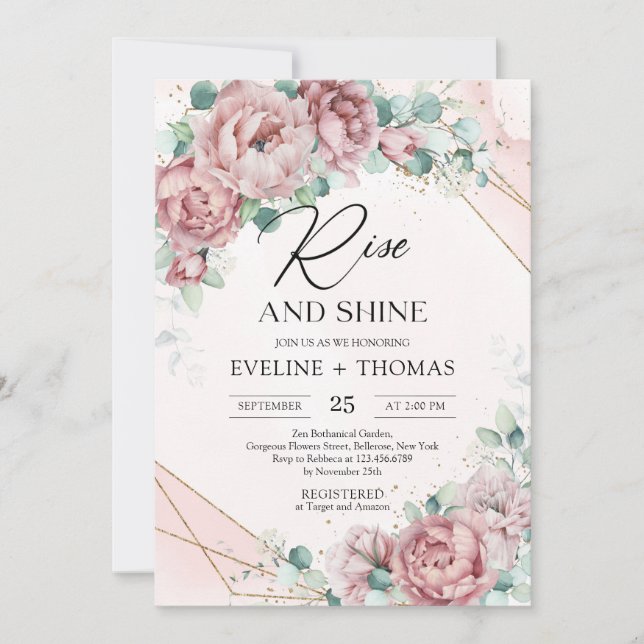 Invitation Boho brush peonys eucalyptus or se lève et brille (Devant)