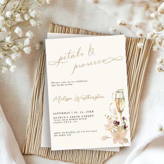 Invitation Boho Bubbly Petals & Prosecco Script Fête des mari (Créateur téléchargé)