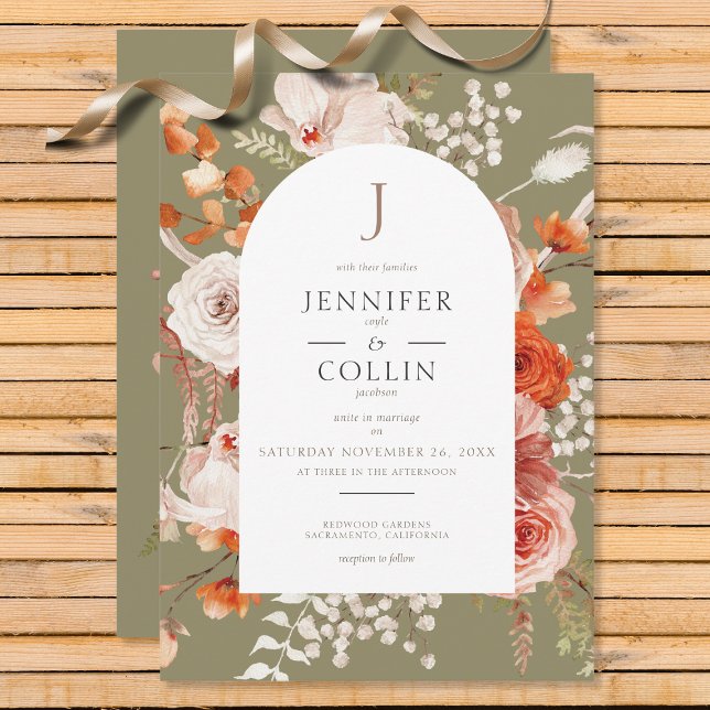 Invitation Boho Burange Chute Florale Arche Monogramme Sage (Créateur téléchargé)