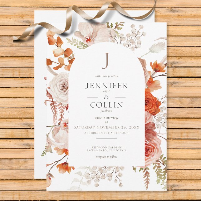 Invitation Boho Burange Chute Orange Arc Floral Monogramme Bl (Créateur téléchargé)