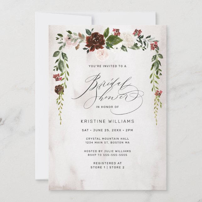 Invitation Boho Burgundy Aquarelle rose Fête des mariées flor (Devant)