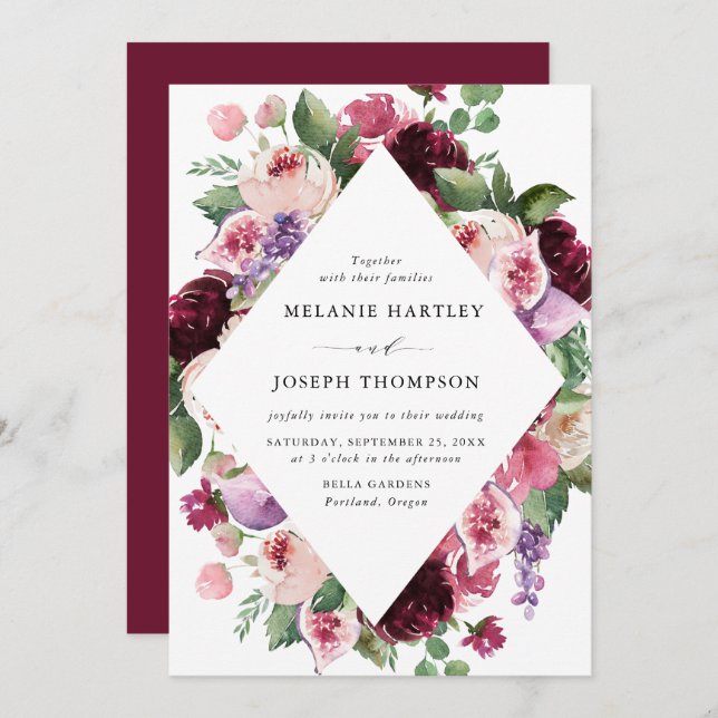 Invitation Boho Burgundy & Blush Floral & Fruit Mariage (Devant / Derrière)