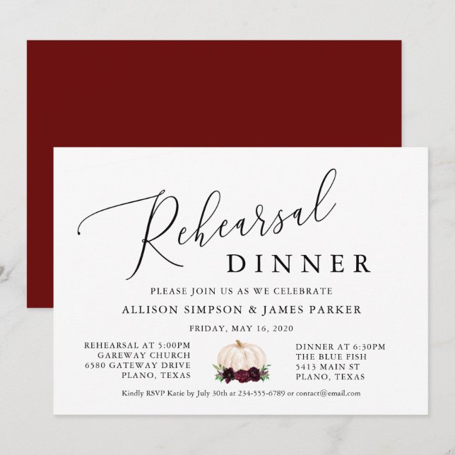 Invitation Boho Burgundy Citrouille Dîner de répétition d'aut (Devant / Derrière)