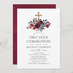 Invitation Boho Burgundy et Marine Floral Première Sainte Com