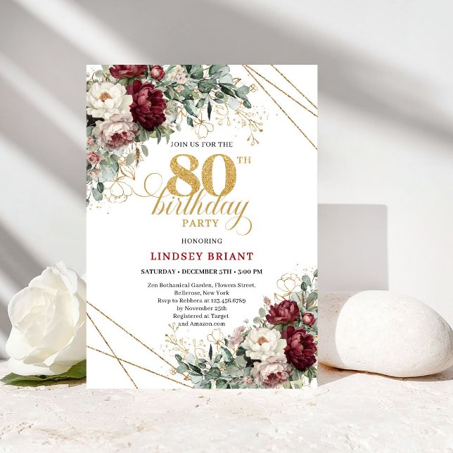 Invitation Boho Burgundy Eucalyptus Floral 80th Birthday (Boho Burgundy Eucalyptus Floral 80th Birthday)