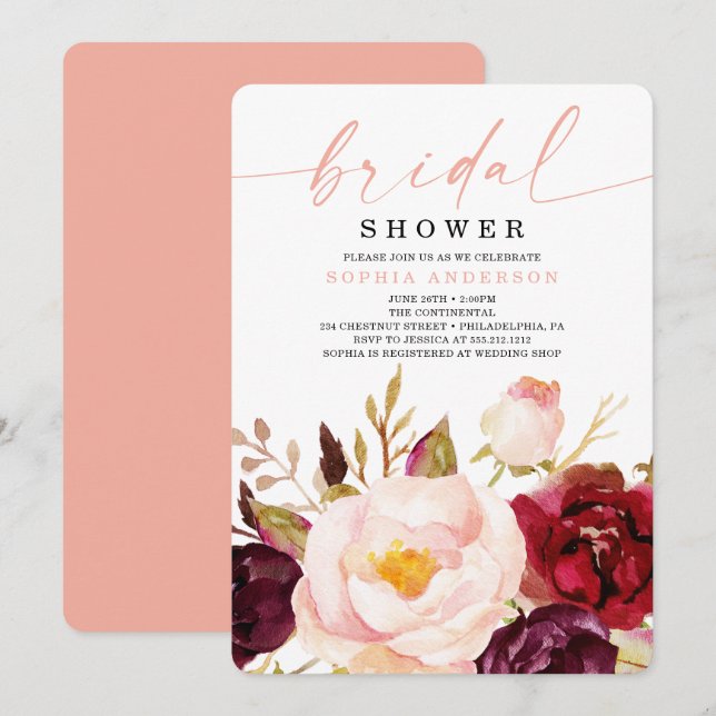 Invitation Boho Burgundy Floral Bridal (Devant / Derrière)