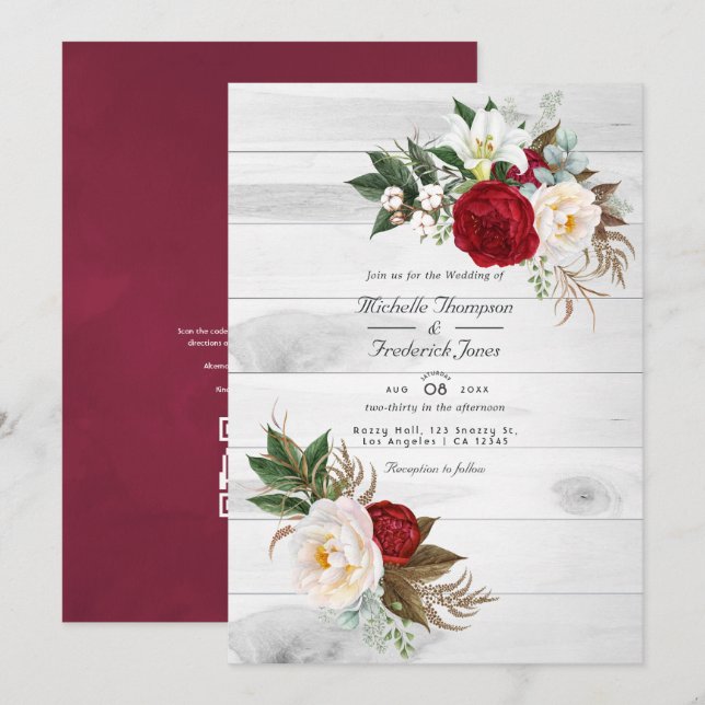Invitation Boho Burgundy Floral QR Code RSVP Mariage Bohème (Devant / Derrière)