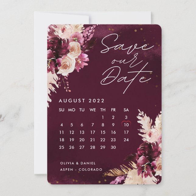 Invitation Boho Burgundy Flowers Calendrier Enregistrer La Da (Devant)